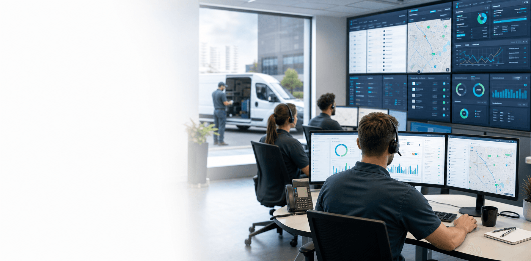 Service operations team coordinating tickets, dispatch, and asset workflows